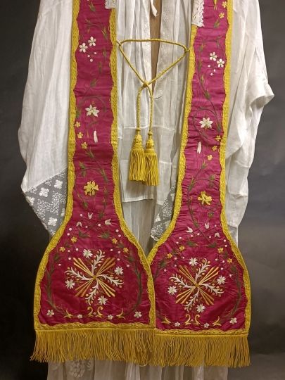 Red pastoral stole , Hand made embroderies Circa 1830