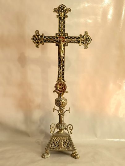 Neogothic altar cross , bronze enamelded POUSSIELGUE -RUSAND