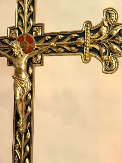 Croix d'autel neogothique , bronze doré ,emaillée XIX° POUSSIELGUE -RUSAND