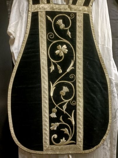 Black chasuble , circa 1900, thick embroideries near complete