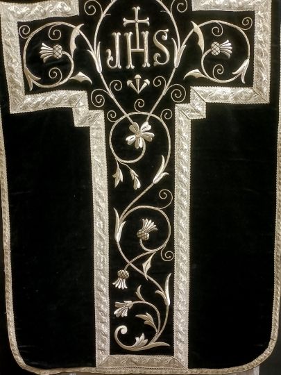 Black chasuble , circa 1900, thick embroideries near complete
