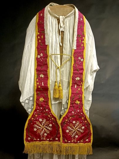 Red pastoral stole , Hand made embroderies Circa 1830