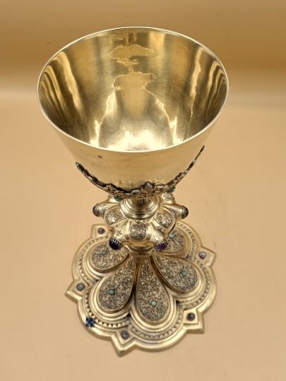 Calice neogothico argento dorato fine 800 , pietre e filigranni