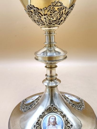 Chalice sterling silver enamels porcelain 1900