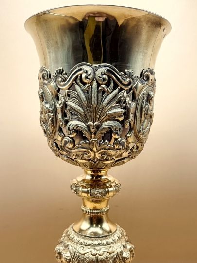 Grande calice barocco 33 cm argento dorato fine 800