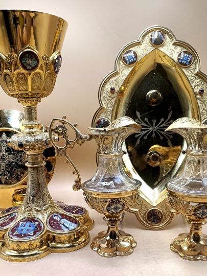 Valiggia cappella Armand Caillat calice e ampolline argento dorato smalti