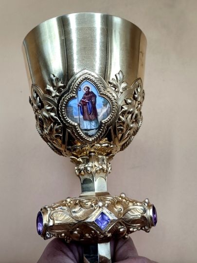 Exceptional neogothic chalice sterling silver enamels on porcelain for the pope Pie IX