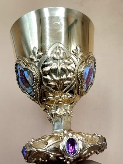 Exceptional neogothic chalice sterling silver enamels on porcelain for the pope Pie IX