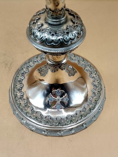Neogothic chalice , silver , circa 1920 , garlands enamelded