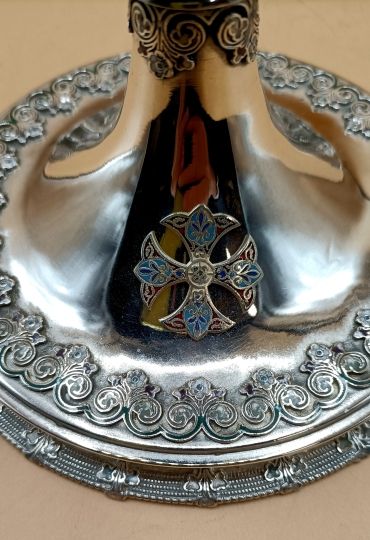 Neogothic chalice , silver , circa 1920 , garlands enamelded