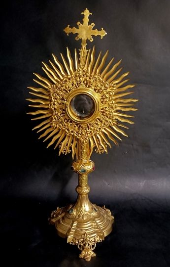 High neogothic monstrance in brass gilted , Circa 1880 , enamels and strass