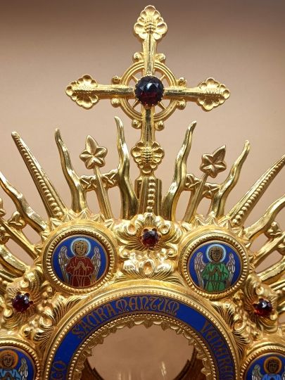 Neogothic monstrance enamels , brass gilt